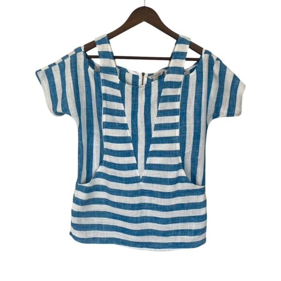 Soft Surroundings Teal and White Striped Peek-a-Boo Linen Blouse - XS Petite - Picture 1 of 6